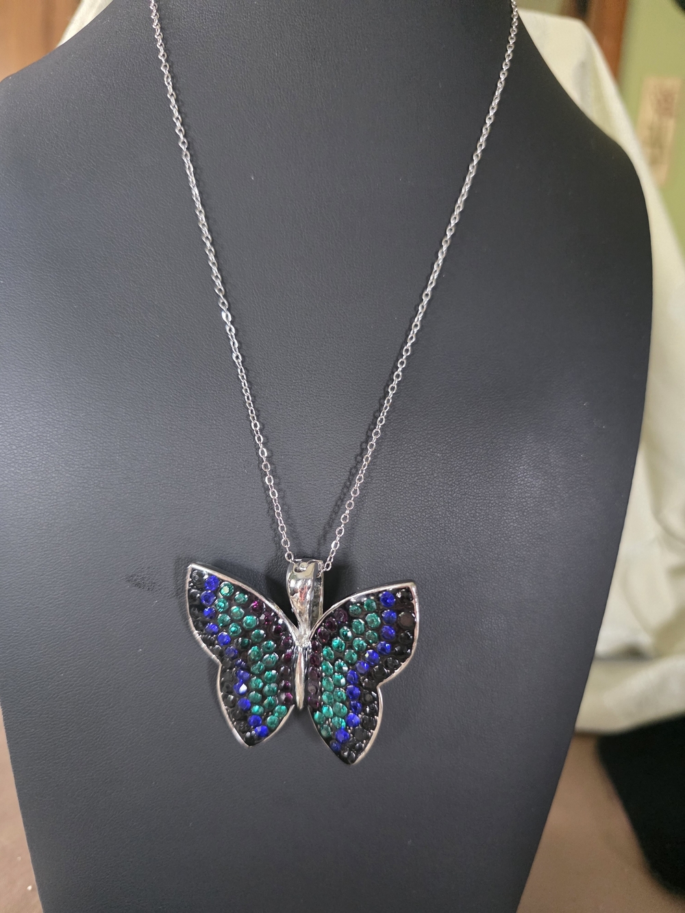 #234 Silver Butterfly Pendant Necklace with Blue and Green Crystals